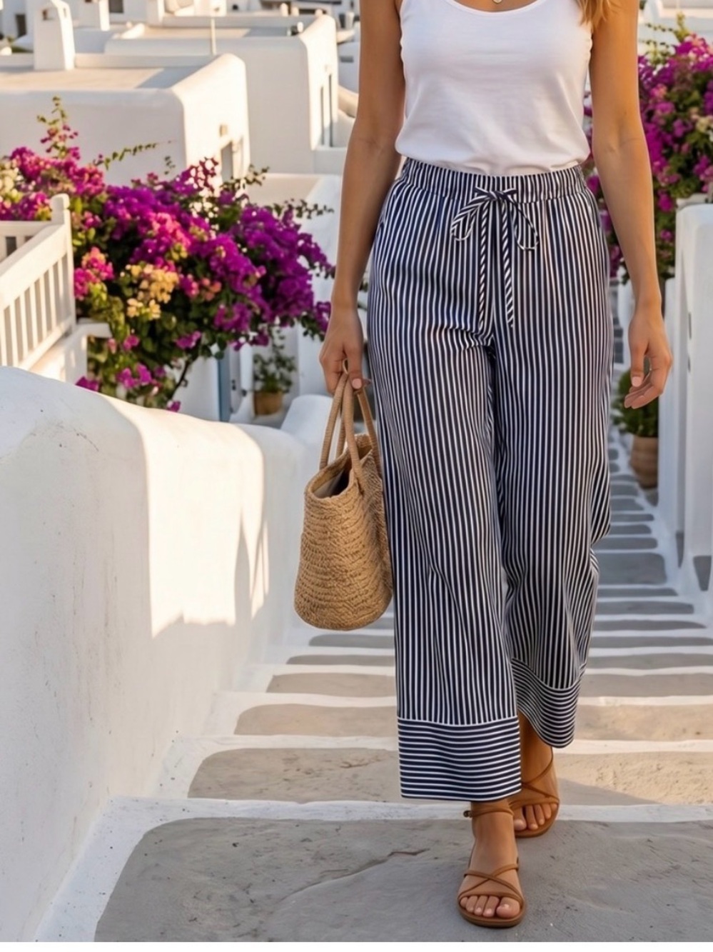 BELLE VERE BLUE AND WHITE STRIPED LINEN BLEND PANTS SIZE 12